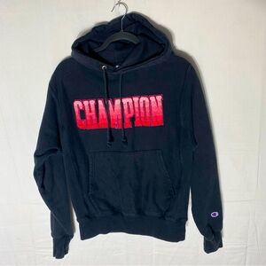 Champion Reverse Weave Black Red Textured Logo Pullover Hoodie S